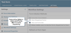 The Workflow Settings of a form titled "Test form". The Form Initiation Methods is set to "Inbox and Forms Box". Users cannot decline dispatches of the form.